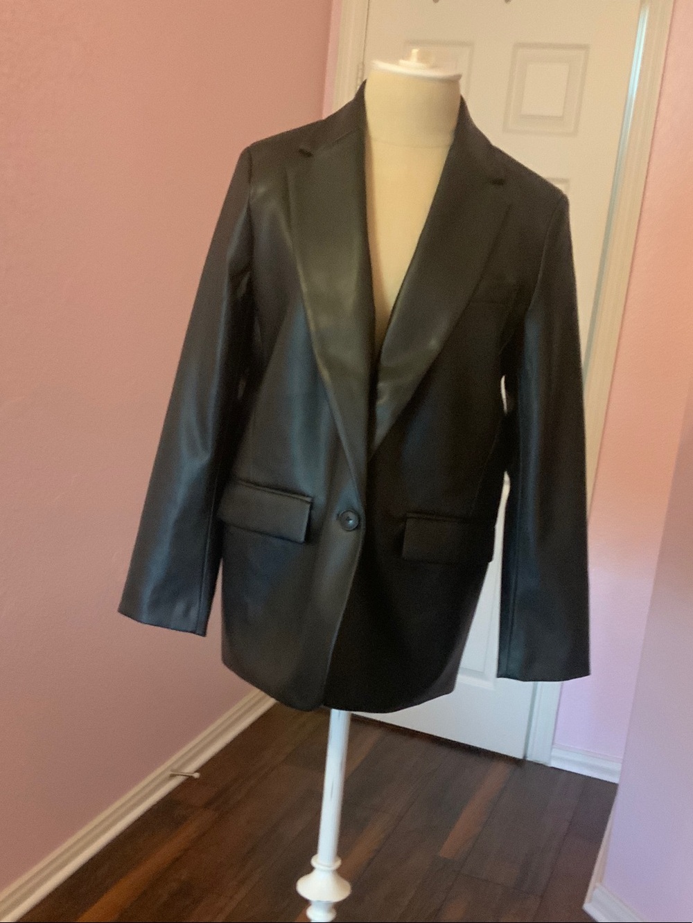 Black Faux Leather Blazer Jacket - Classic Single-Button